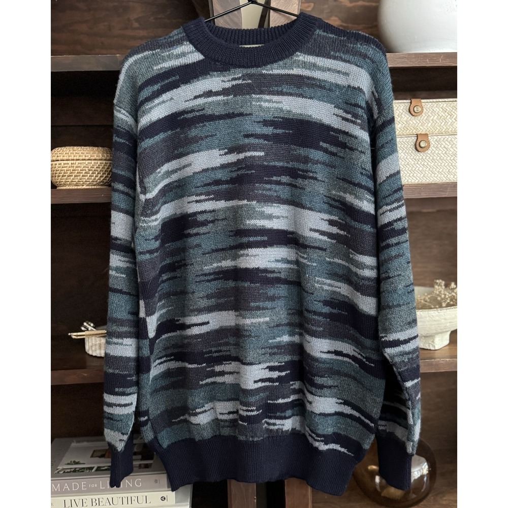 Alpaca International Men's XL Sweater Blue Gray Abstract 100% Alpaca Peru